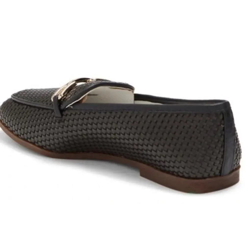 Franco Sarto Black Woven Loafers with Gold Bit